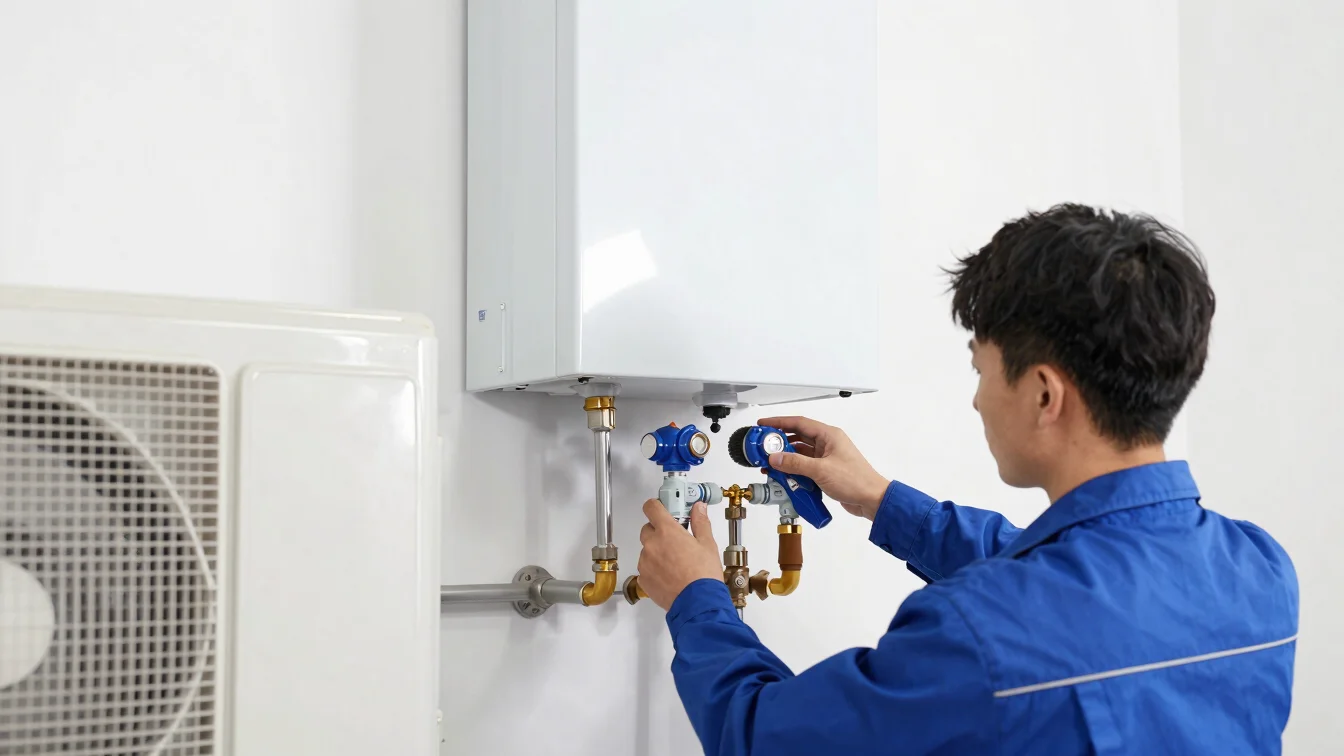 Technician checking pressures on a modern wall-mounted boiler and air conditioning unit, bright technical lighting.