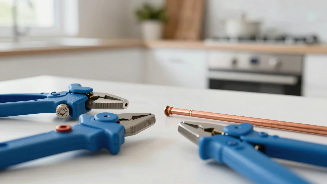 Close-up of professional plumbing tools and copper pipe repairs in a bright residential kitchen, sharp focus.