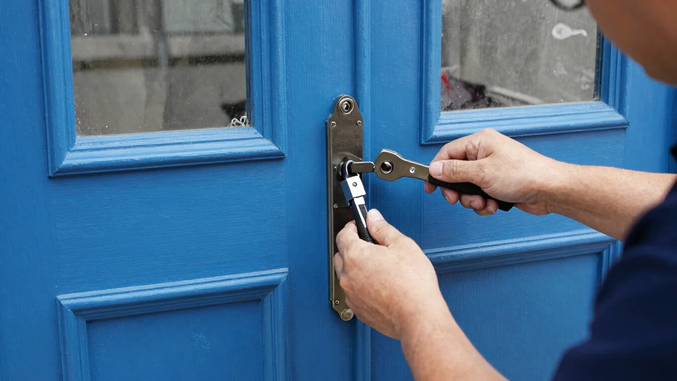 Precision locksmith tools working on a heavy door lock mechanism, clean natural daylight, editorial documentary style.